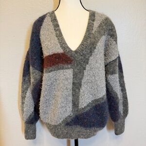 Vintage 80s 90s Mohair Sweater Colorblock Abstract Geometric Fuzzy Oversized